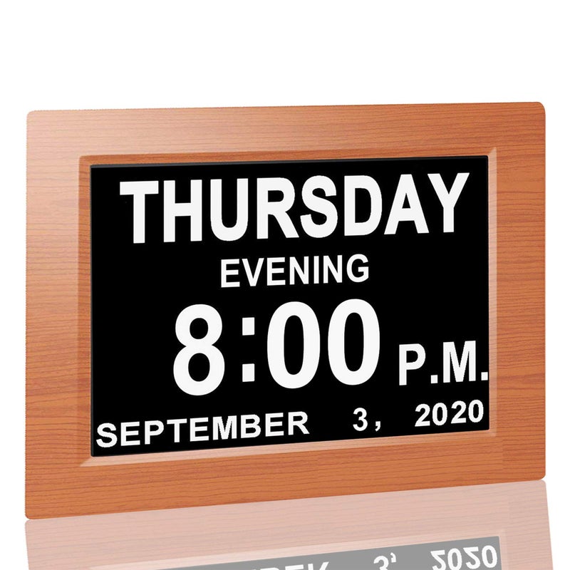 JALL ã€New 2024ã€‘ Digital Calendar Alarm Day Clock - with 8" Large Screen Display, am pm, Multiple Alarms, for Impaired Vision People, The Aged Seniors, The Dementia, for Desk, Wall Mounted, Wood - Image 1